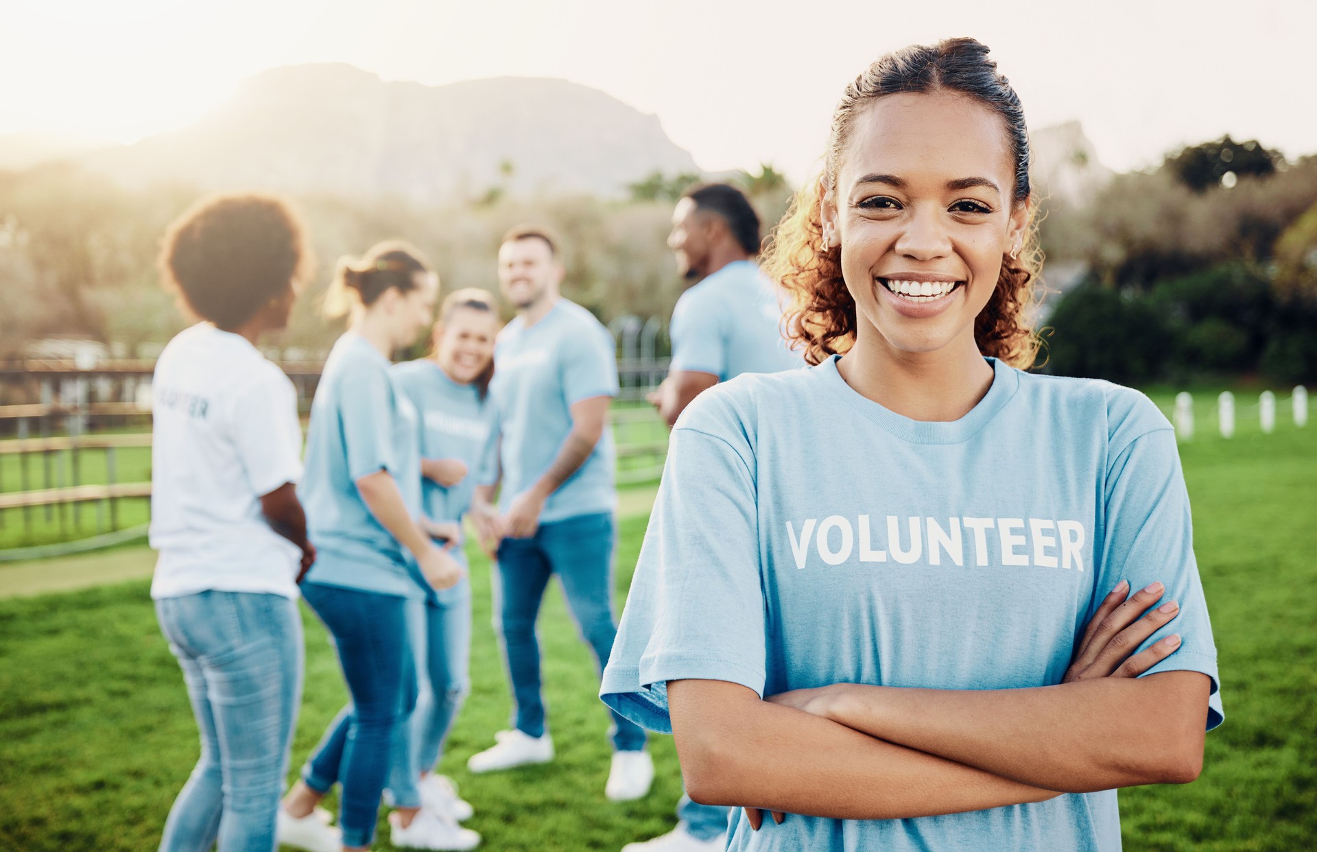 Woman in portrait, volunteer and smile with eco friendly help, environment and sustainability, green and waste management. Cleaning, charity and team leader with happiness and community service